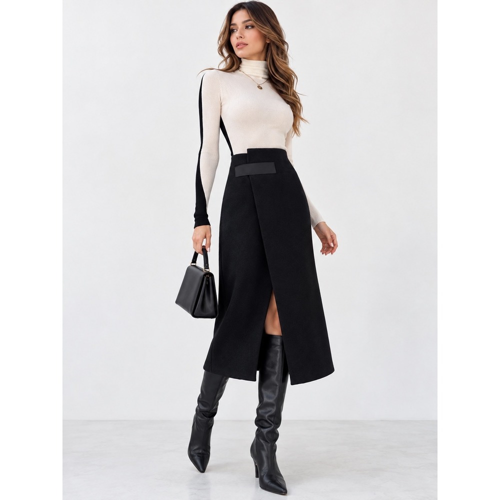 COMMENSE Black Tweed High Waist Asymmetric Wrap Midi Skirt Size XS